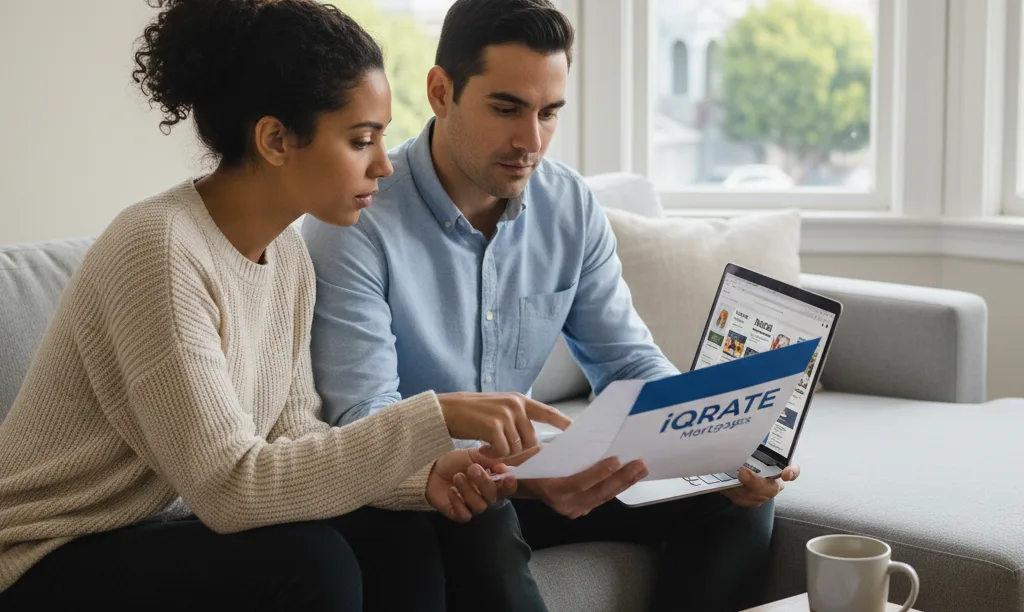 Couple discussing iQRATE Mortgages quote in SF apartment.