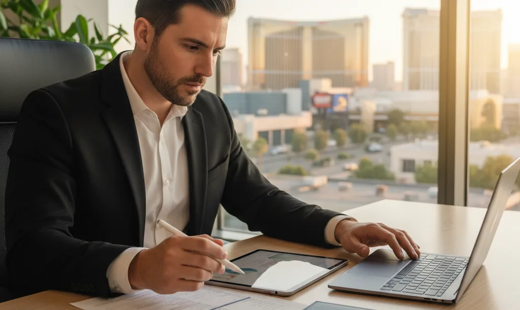 Business owner planning mortgage in Las Vegas office.
