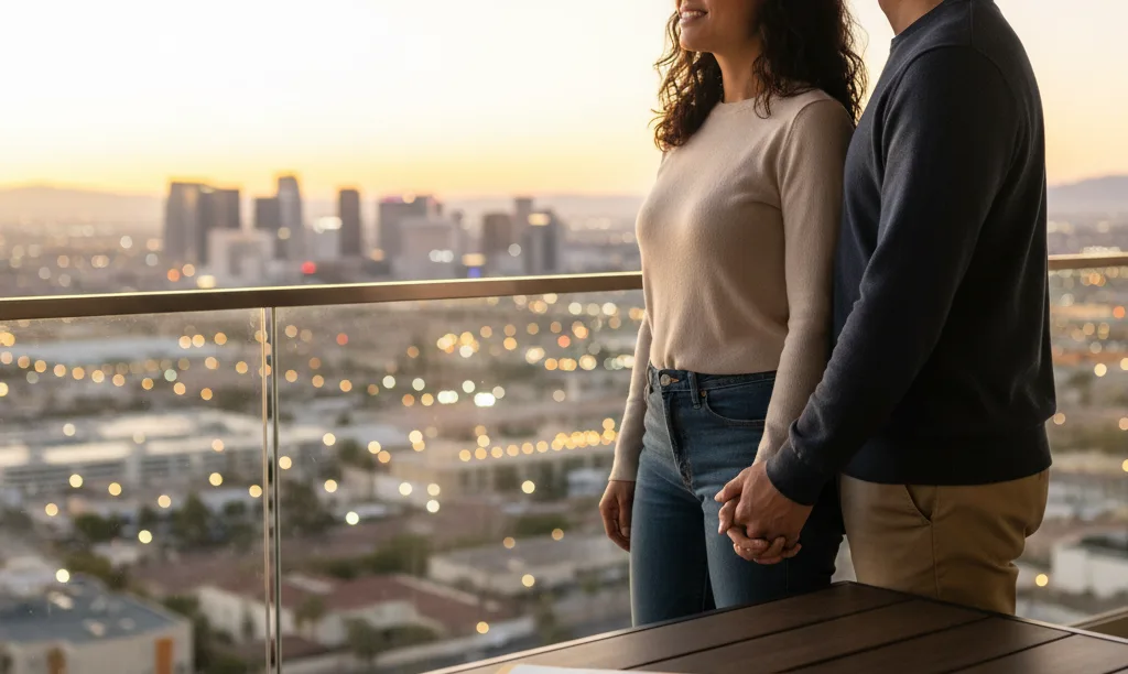 Couple on balcony overlooking Las Vegas at dusk.