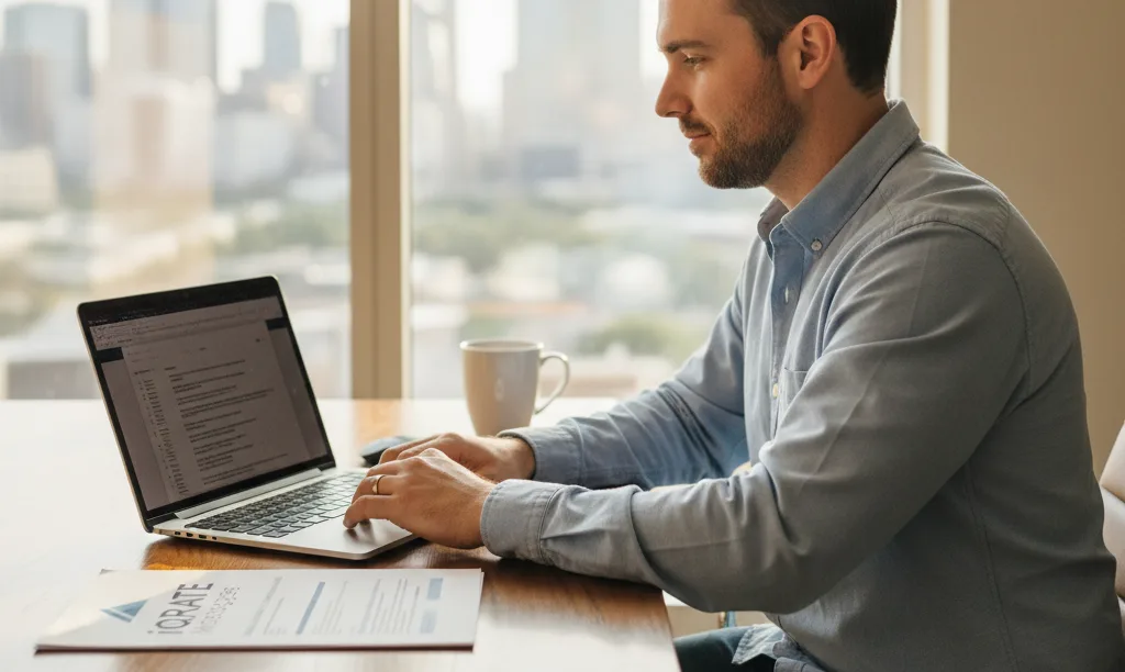Gig worker in Austin home reviewing mortgage documents.
