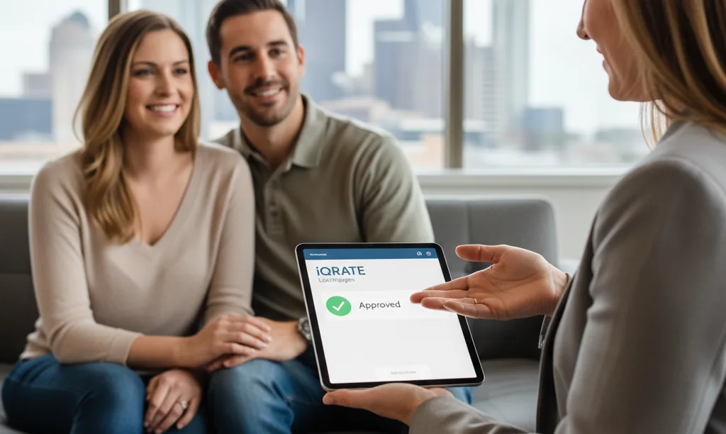 Advisor showing a happy couple their mortgage approval.