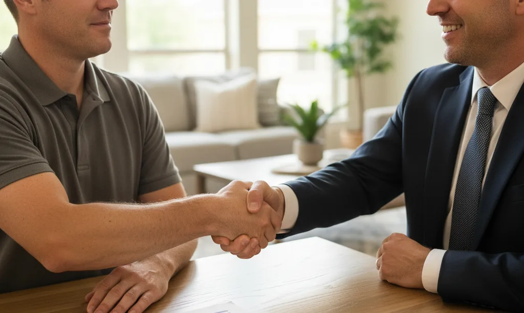 Veteran and loan officer shaking hands over iQRATE Mortgages paperwork.