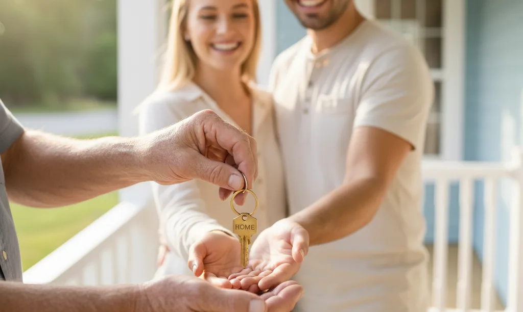 Couple happily receiving keys to their new home.