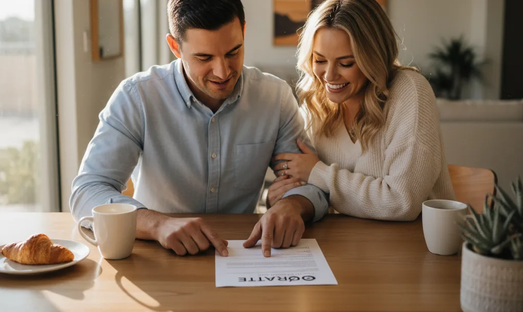 Couple smiling while reviewing iQRATE Mortgages document.