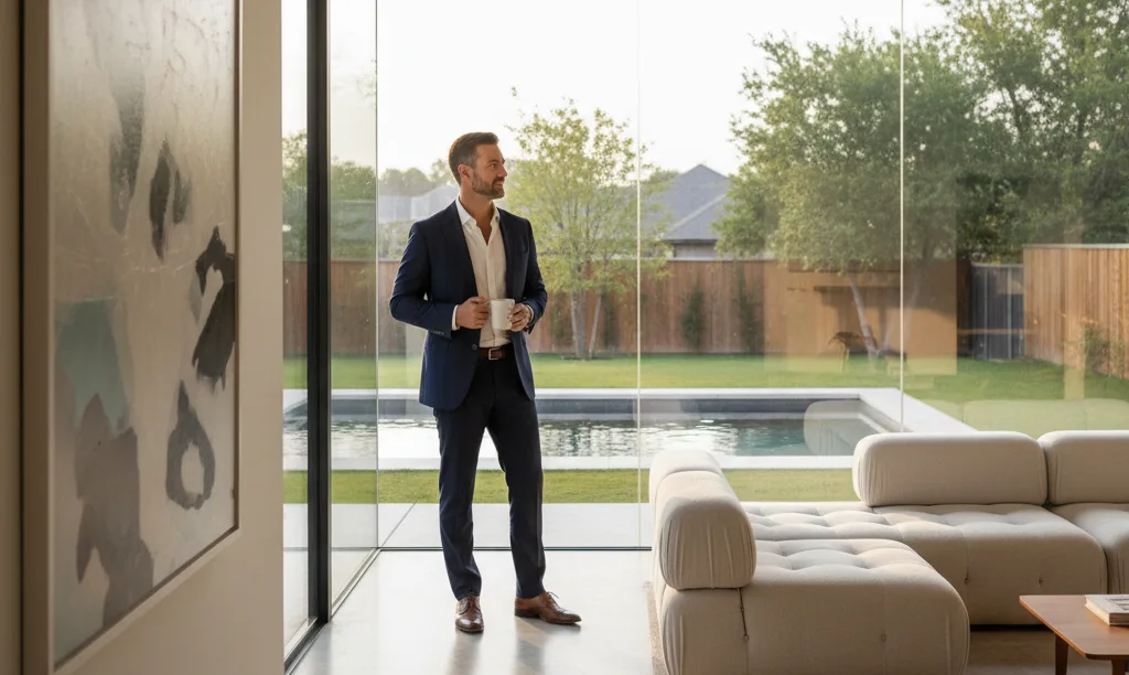 Confident sales professional in a luxury Dallas home.