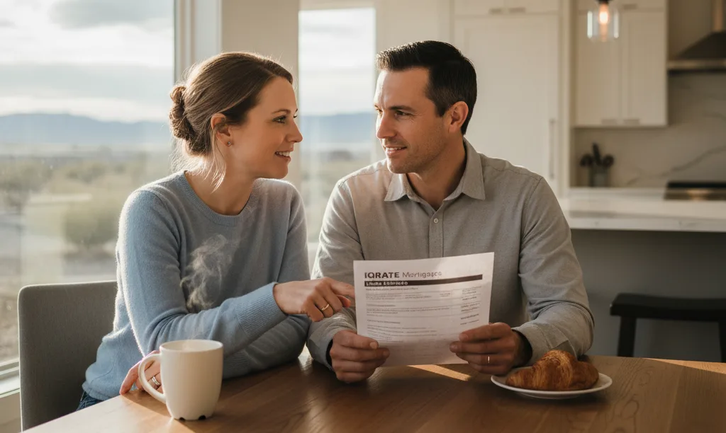Couple reviewing iQRATE Mortgages closing documents at home.