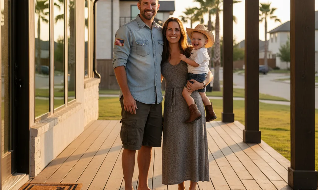 Veteran and family smiling on their new porch.