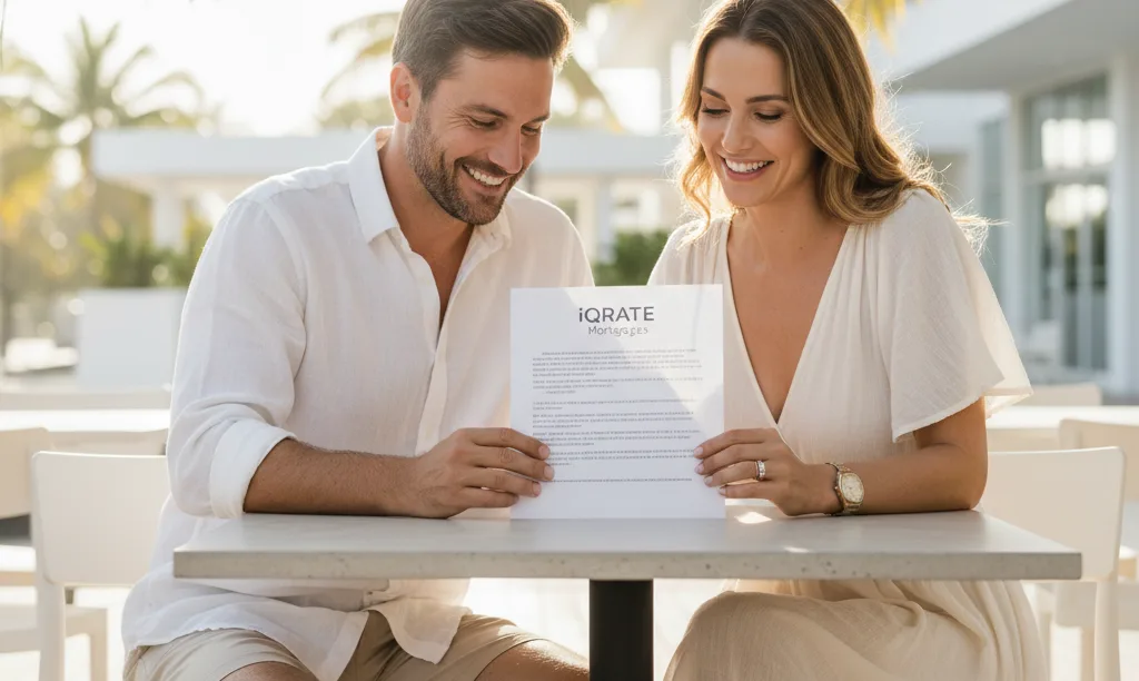 Couple confidently reviewing mortgage papers in Miami.