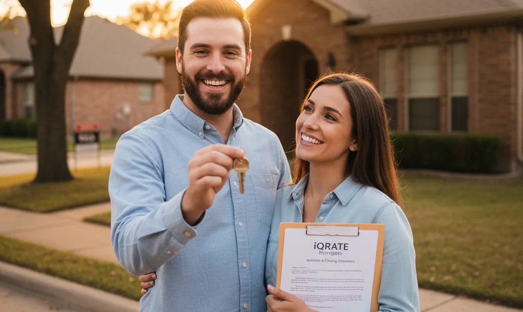 Happy couple with iQRATE Mortgages folder outside Texas home.