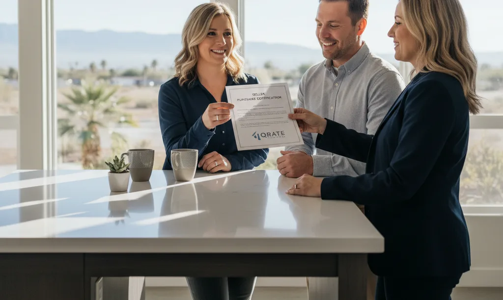 Agent showing sellers iQRATE Mortgages certification document.