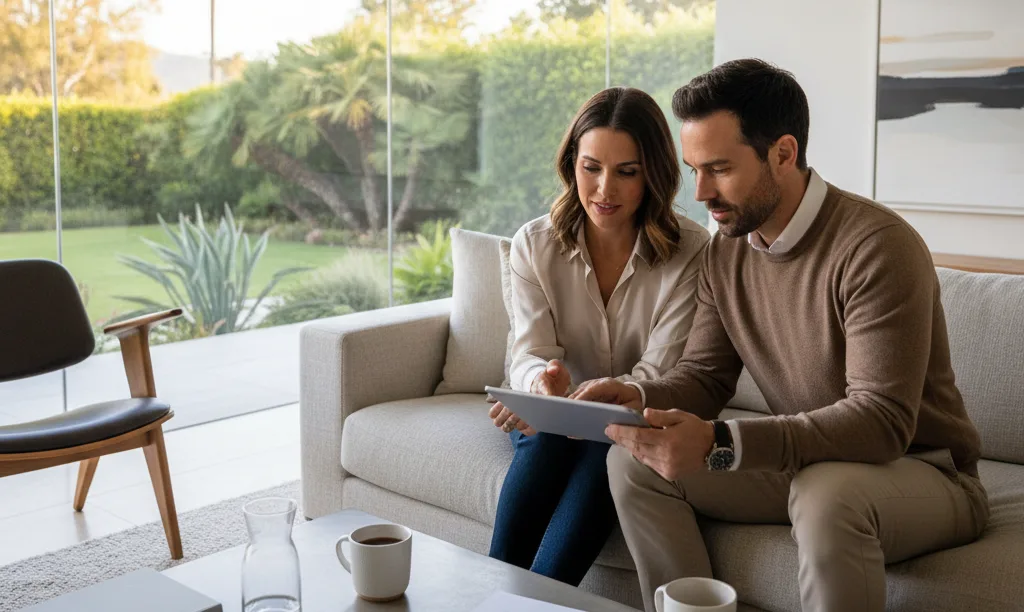 Couple calmly reviewing finances in Beverly Hills home.
