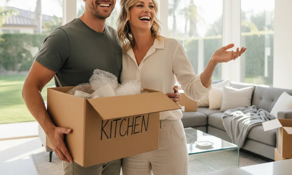 Happy couple unpacking in their new California home.