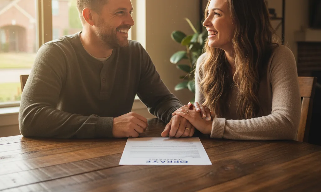 Veteran couple smiling over iQRATE Mortgages document.