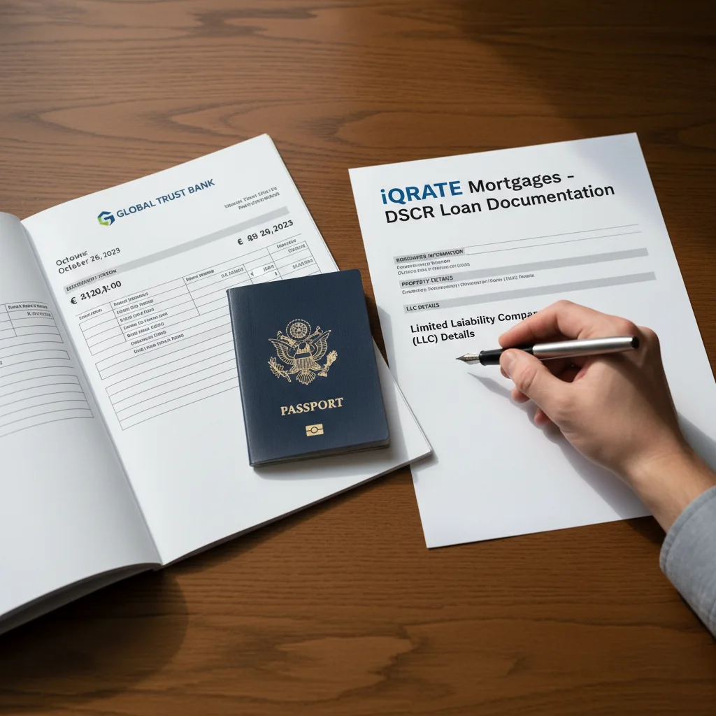 A calculator and documents on a desk, illustrating the mortgage documentation process for foreign nationals.