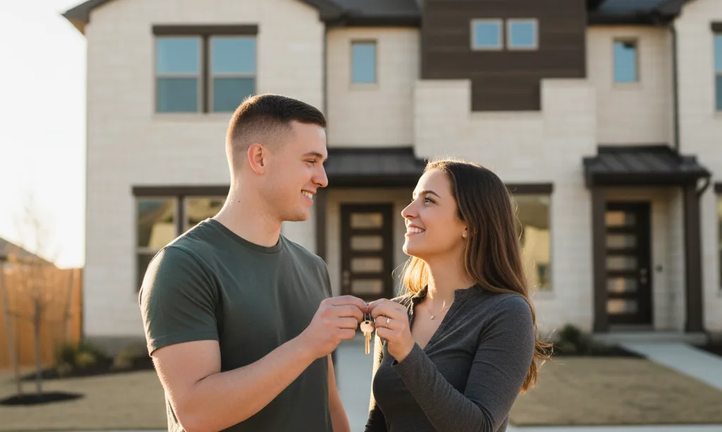Couple smiling in front of Texas duplex