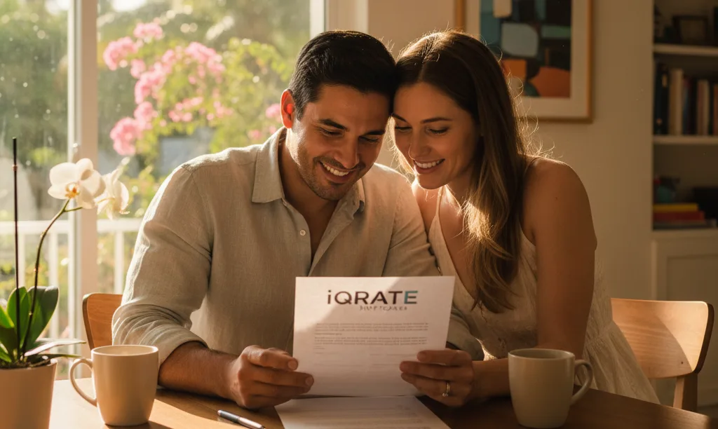 Couple reviews mortgage documents in sunlit Miami home.