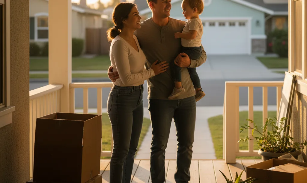 Military family smiling on their new San Diego porch.