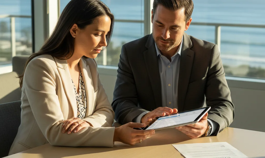 Realtor and lender collaborating over conversion funnel data.