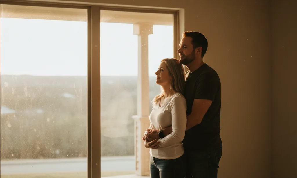 Couple looks hopefully from their new Austin home.