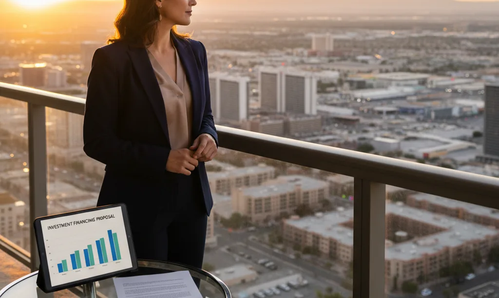 Investor on Las Vegas condo balcony at sunset.