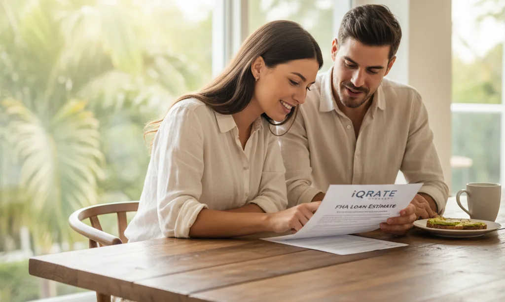 Couple reviewing iQRATE Mortgages FHA loan costs.