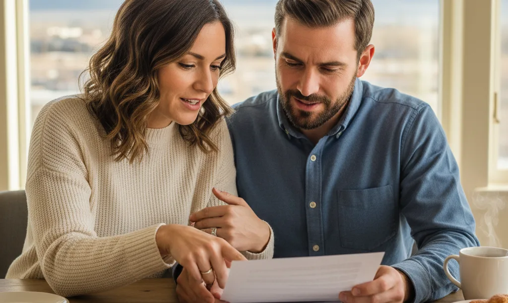 Couple reviewing iQRATE Mortgages document in Reno home.