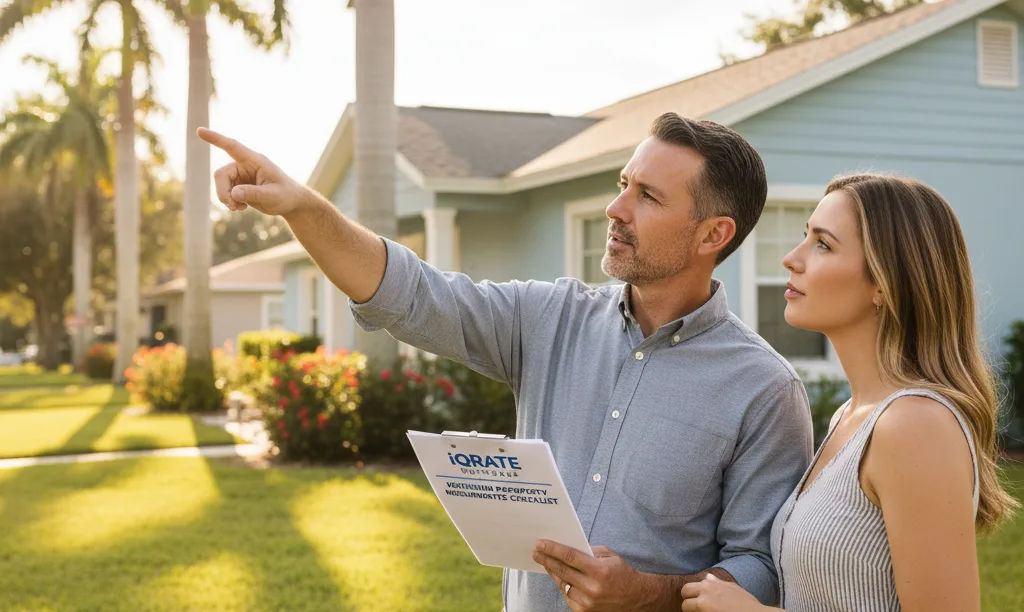 Appraiser discussing VA loan repairs with homebuyer.