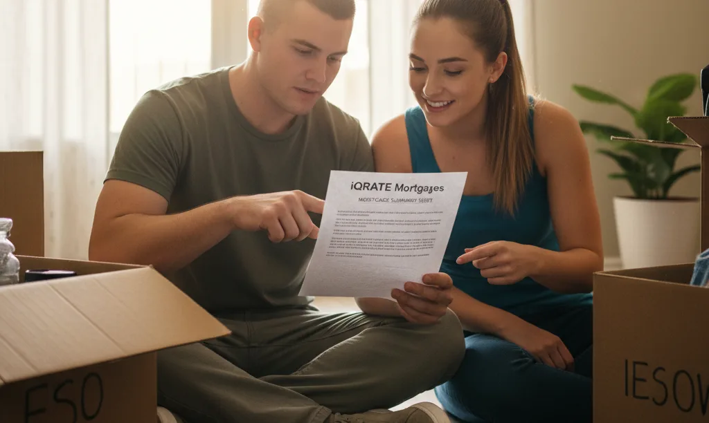 Military couple reviews iQRATE Mortgages document amid boxes.