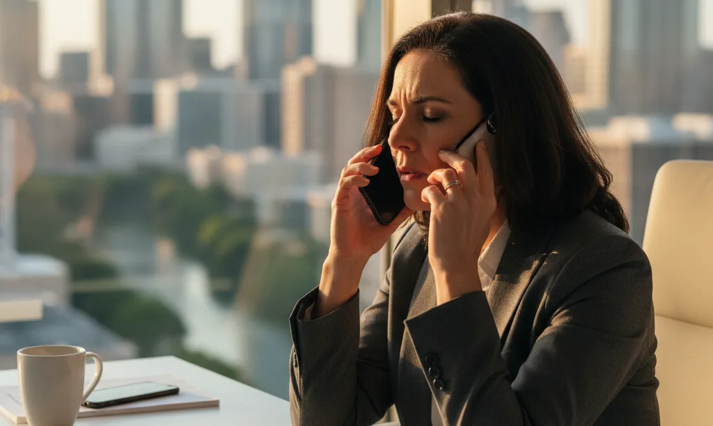 Frustrated realtor in an Austin office learns news.