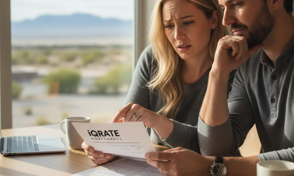 Couple reviewing iQRATE Mortgages document in Las Vegas.