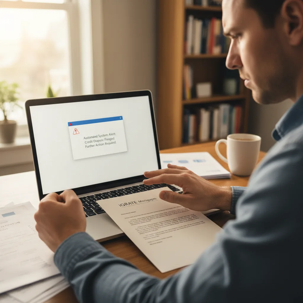 Mortgage underwriter manually reviewing a loan file with a credit dispute