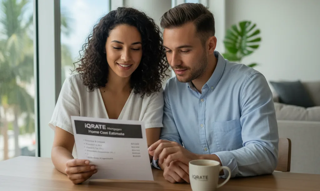 Couple reviewing iQRATE Mortgages estimate in Miami.