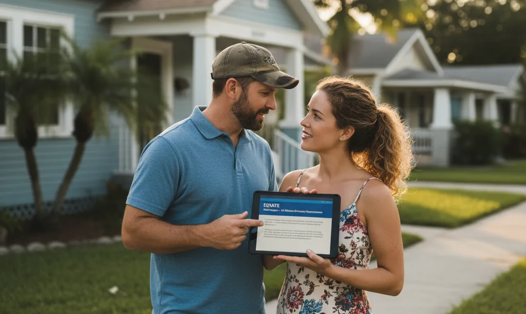 Couple discussing VA loan repairs outside Florida home.