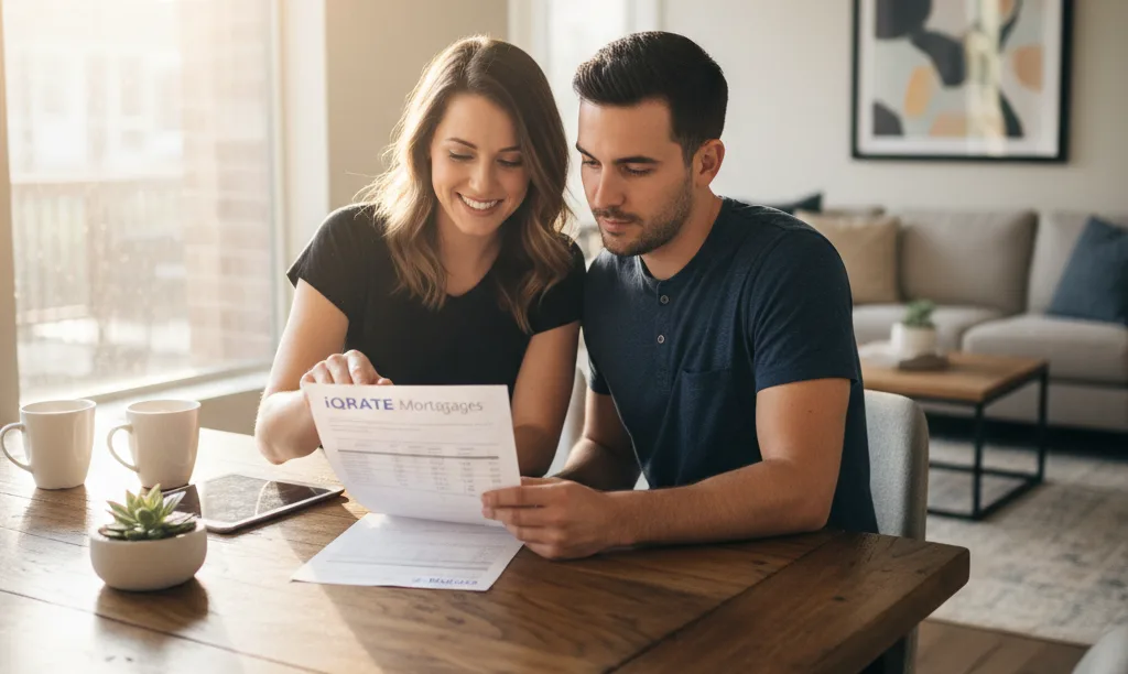 Texas couple thoughtfully reviewing iQRATE Mortgages loan options.
