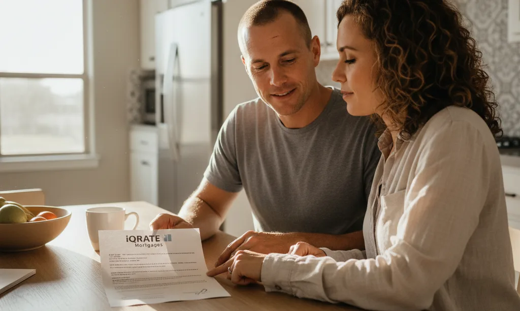 Veteran couple confidently reviewing iQRATE Mortgages documents.