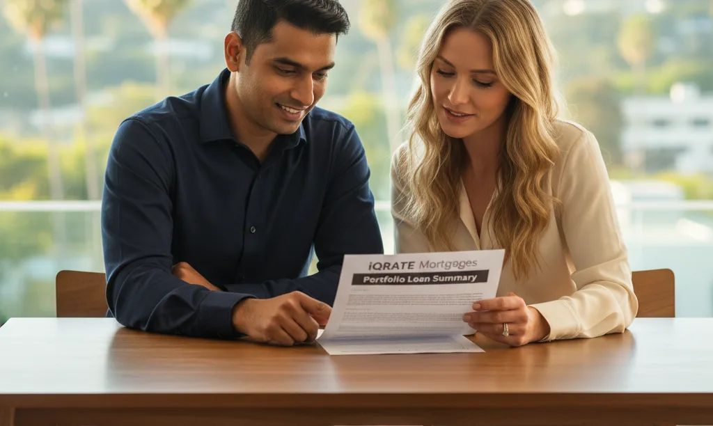 Investor couple reviewing iQRATE Mortgages portfolio loan documents.