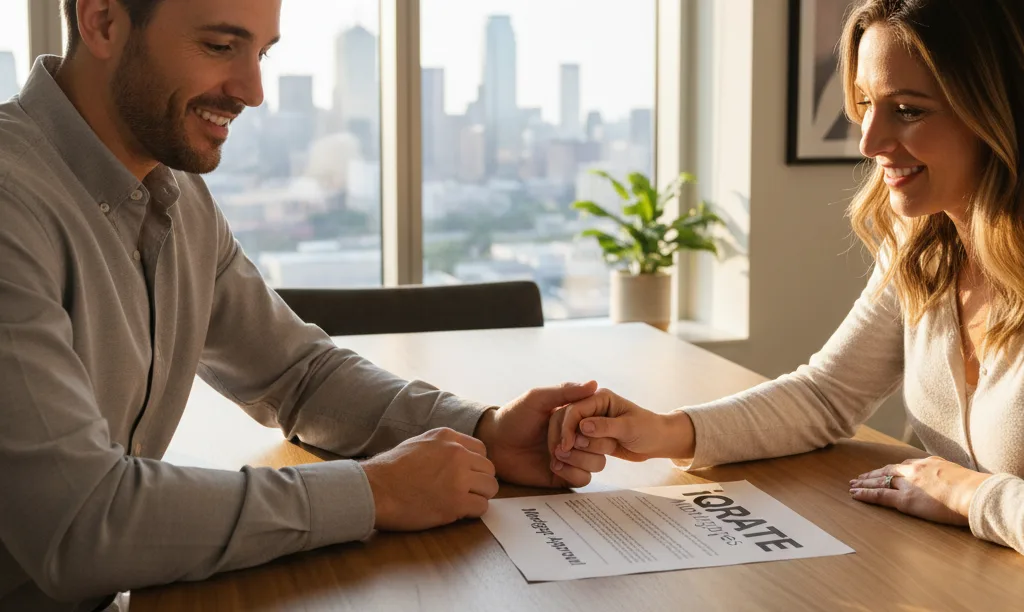 Couple reviews iQRATE Mortgages approval in Dallas apartment.