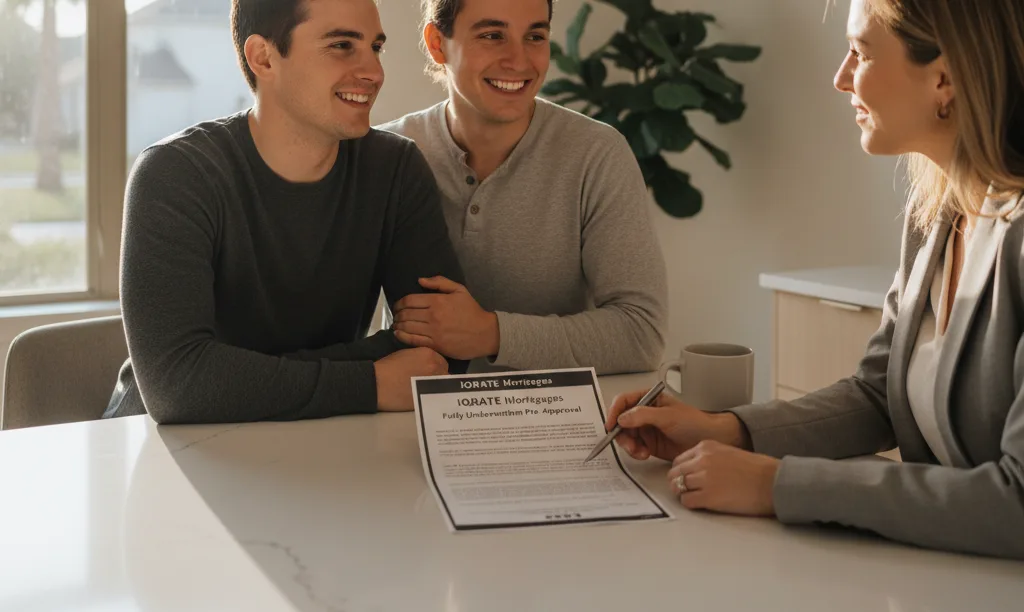 Couple and agent confidently reviewing iQRATE Mortgages pre-approval.
