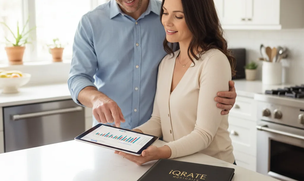 Confident couple reviewing their iQRATE Mortgages documents.