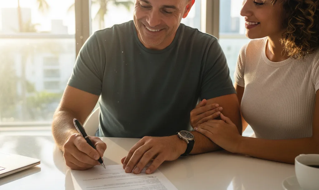 Couple happily signing iQRATE Mortgages VA IRRRL documents.