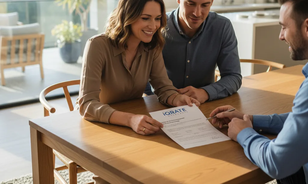 Couple reviewing jumbo loan documents in San Diego home.