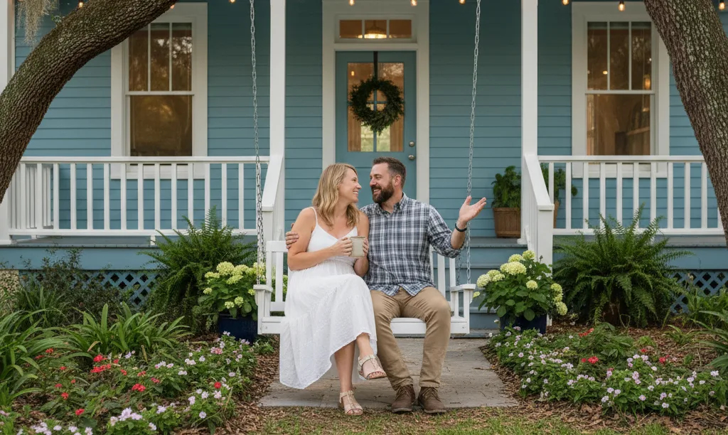 A happy couple on their renovated Florida home porch.