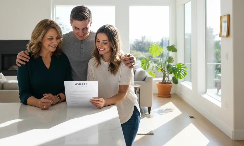 Family celebrating mortgage approval in a sunny home.