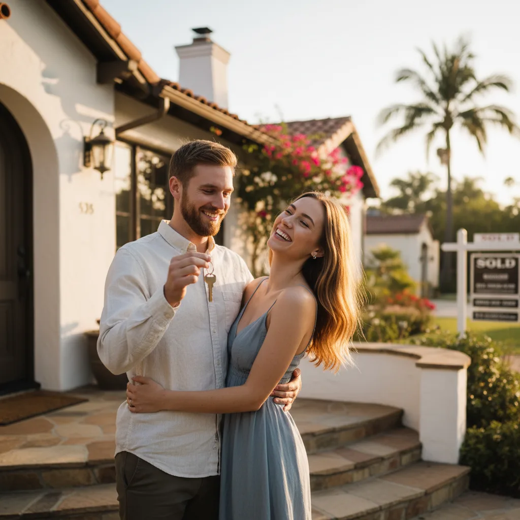 Two people signing mortgage documents with a real estate agent.