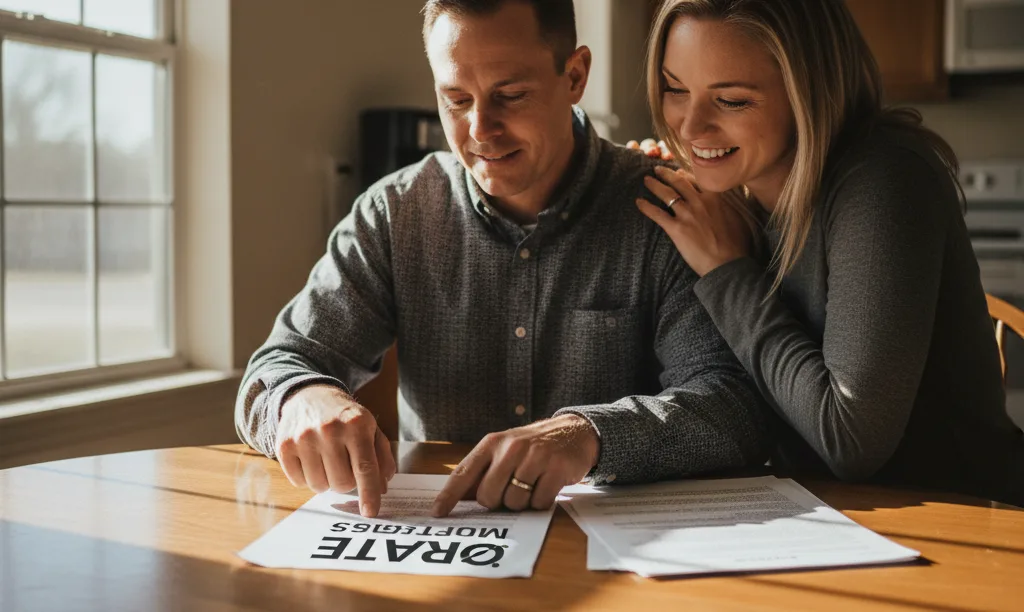 Veteran couple reviewing Texas VA loan documents from iQRATE Mortgages.