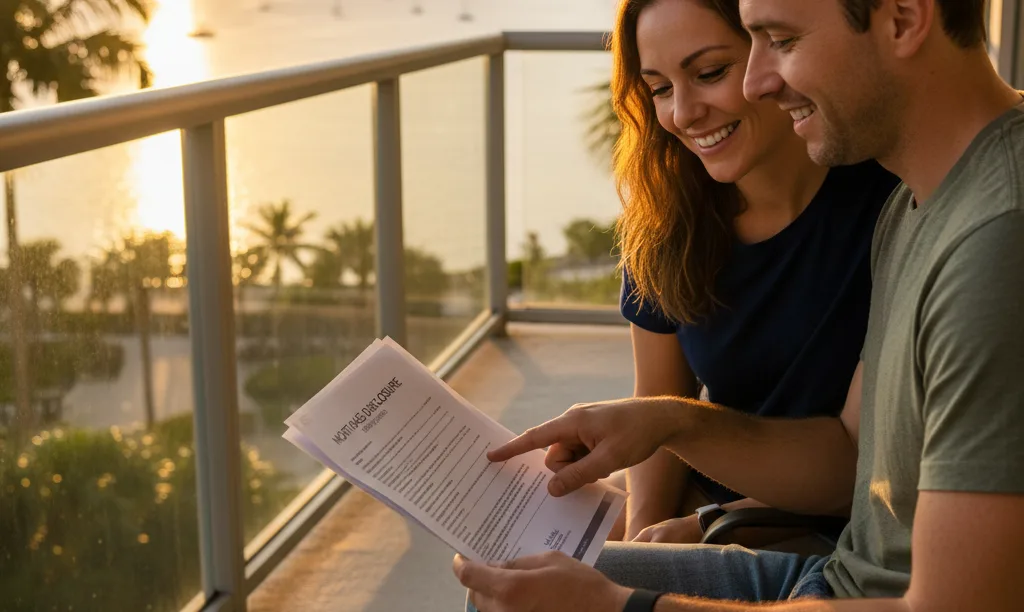 Couple reviewing iQRATE Mortgages leasehold financing documents.