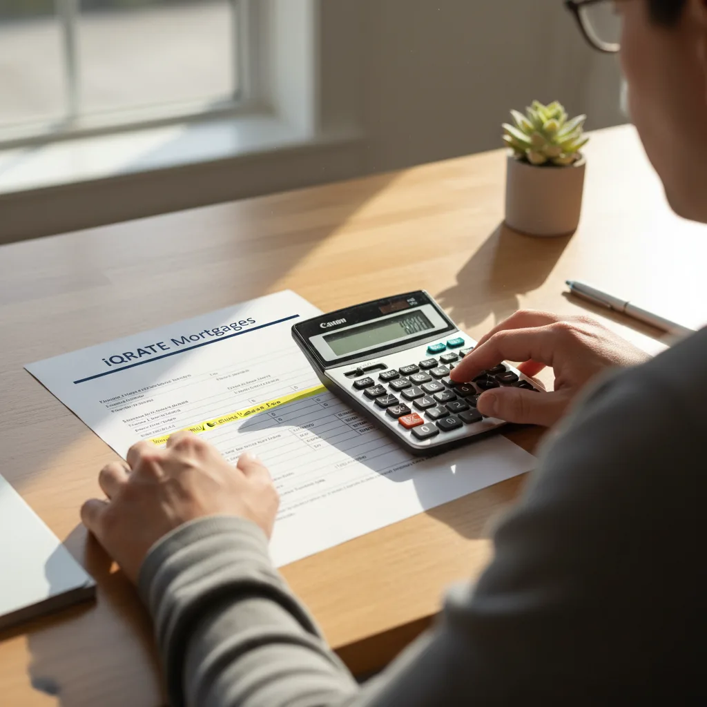 Calculating mortgage payments and debt-to-income ratio on a laptop.