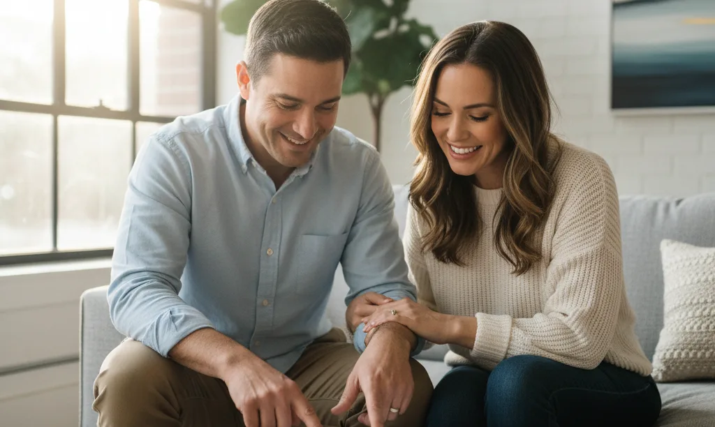 Couple reviewing iQRATE Mortgages documents in new home.