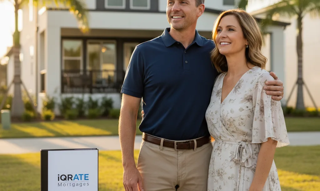 Veteran couple proudly outside their Florida manufactured home.