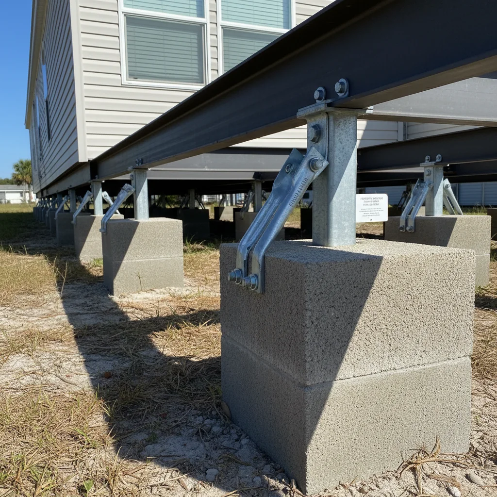A manufactured home being secured to a permanent foundation.